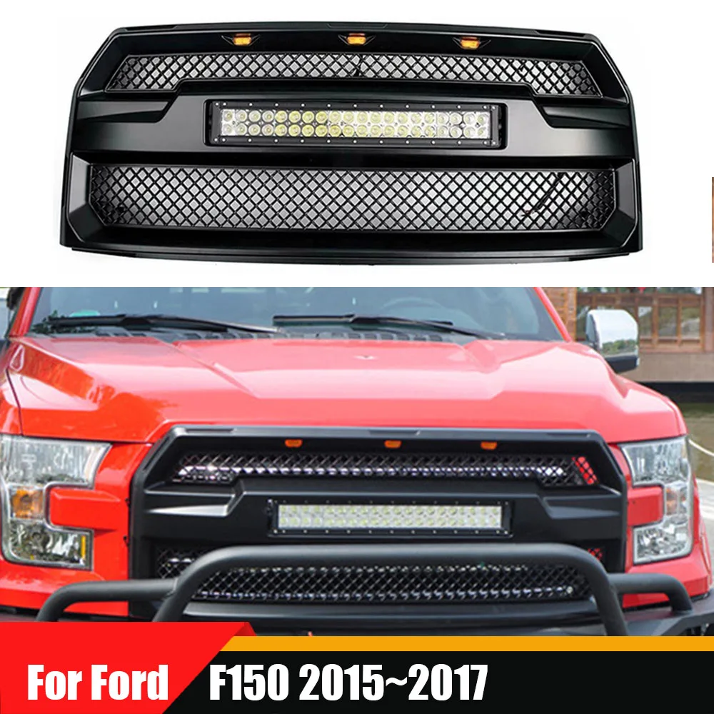 

Front Bumper Upper Grills Radiator Grille Wiht LED Light Bar 120W Raptor Modified Racing Grill Fit For Ford F150 2015~2017