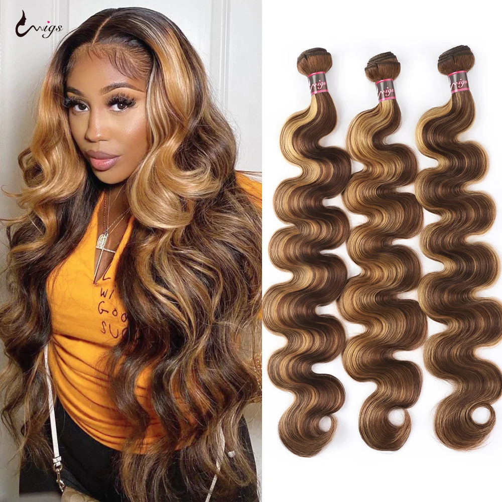 Highlight Body Wave Human Hair Bundles P4/27 Honey Blonde Ombre Bundles Human Hair 10A Brazilian Hair Weave Bundles Uwigs Hair