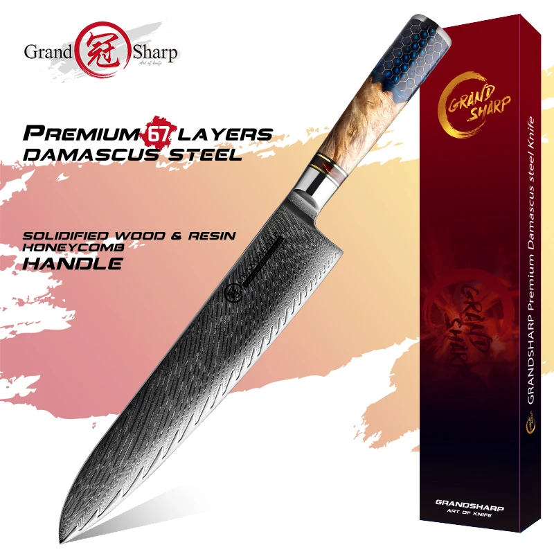 

Grandsharp 9.5 Inch Gyuto Knife 67 Layers Japanese Damascus Steel Chef Kitchen Knives Slicing Tools Honeycomb Ergonomic Handle