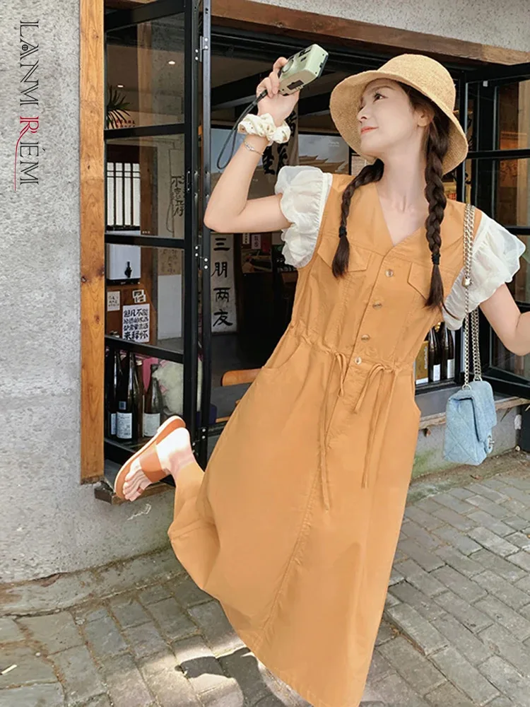 

Платье LANMREM женское с V-образным вырезом, однобортное платье контрастных цветов с разрезом, лето 2024