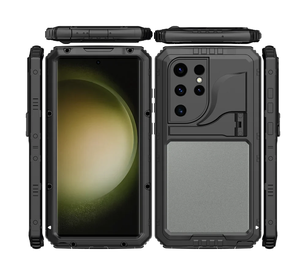 Rugged Metal Waterproof Case with Heavy Duty Kickstand and Screen Protector