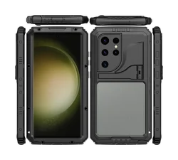 Rugged Metal Waterproof Case with Heavy Duty Kickstand and Screen Protector - Samsung S23 (Black)