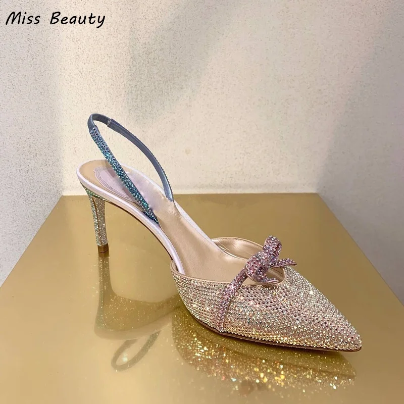 

8 Cm Thin Heeled Crystal Bowtie Slingback Wedding Party Shoes Women Pointy Toe High Heel Pumps Slip On Dress Shoes Size 33