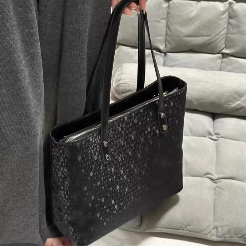 Black Peacock Feather Pattern Tote Bag Women Square Studded Large Capacity Underarm Bag Ladies Fashion Premium Commute Handbag