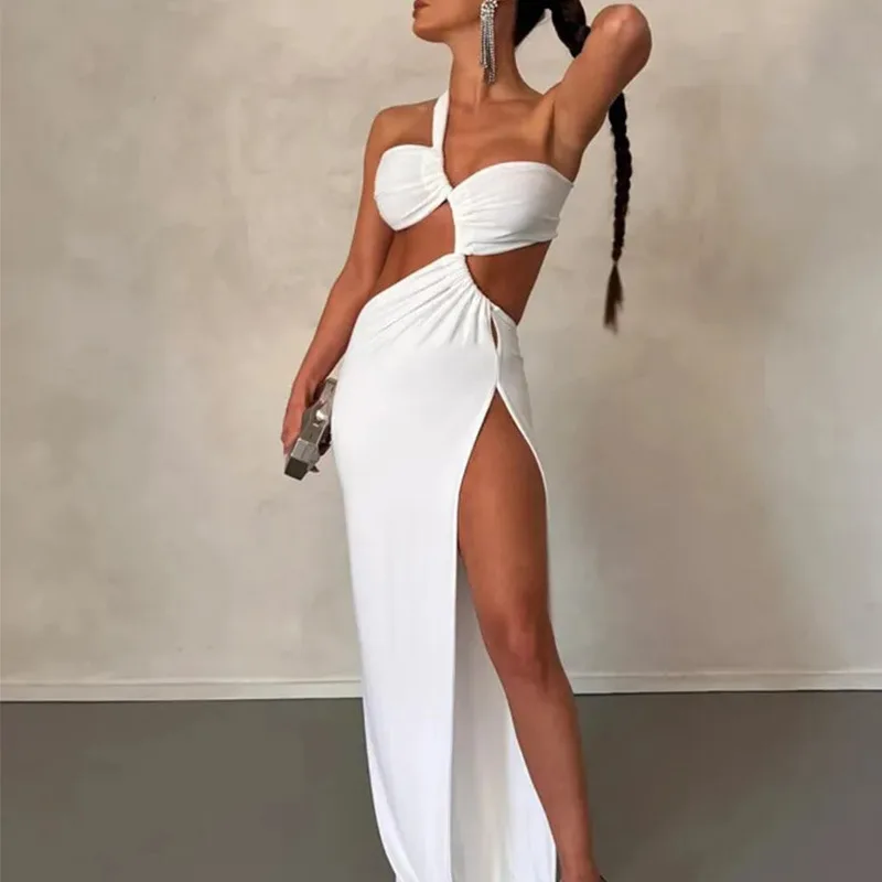 2024 Women's Solid Color Swimsuit One Shoulder Slit Maxi Beach Dress Sexy Backless Party Outfits Luxury Bathing Suit Beachwear