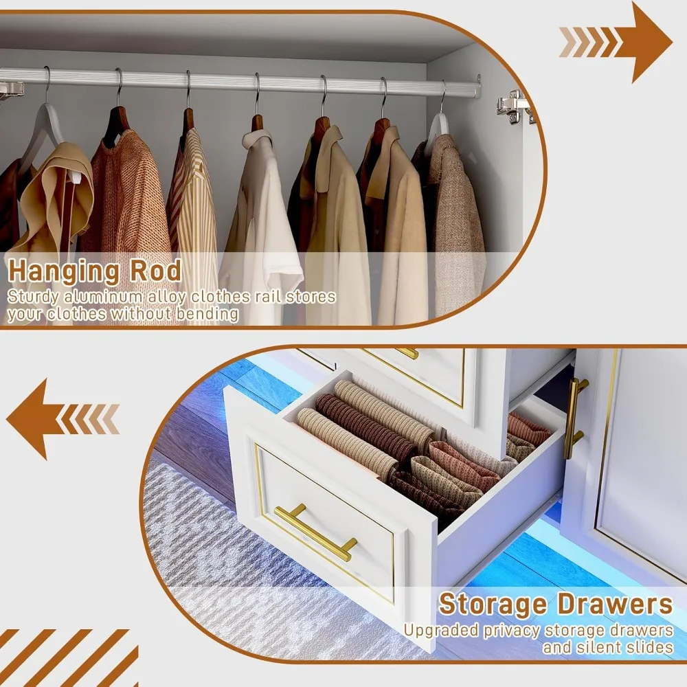 75” Tall 3 Doors Armoire Wardrobe Closet with 2 Drawers and LED Lights, with Shelves and Hanging Rod, Wardrobes 5