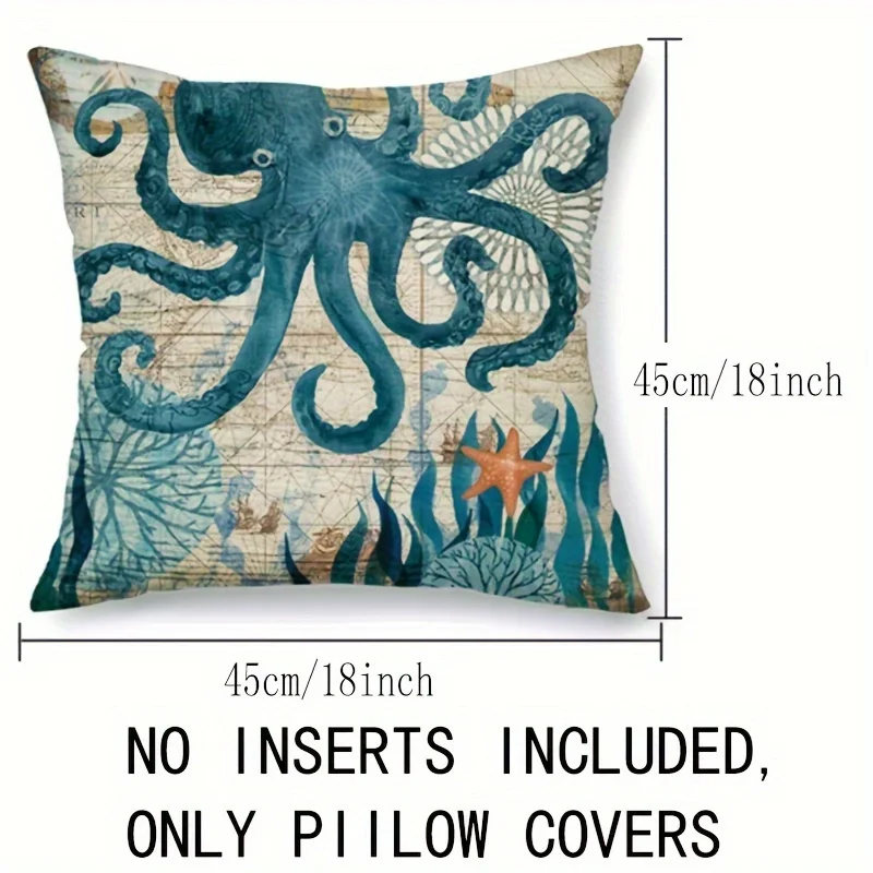 1pc Cove Single Side Square CushionCovers Seahorse Whale Starfish Turtle Blue Ocean Square Throw PillowCover Linen Material 5