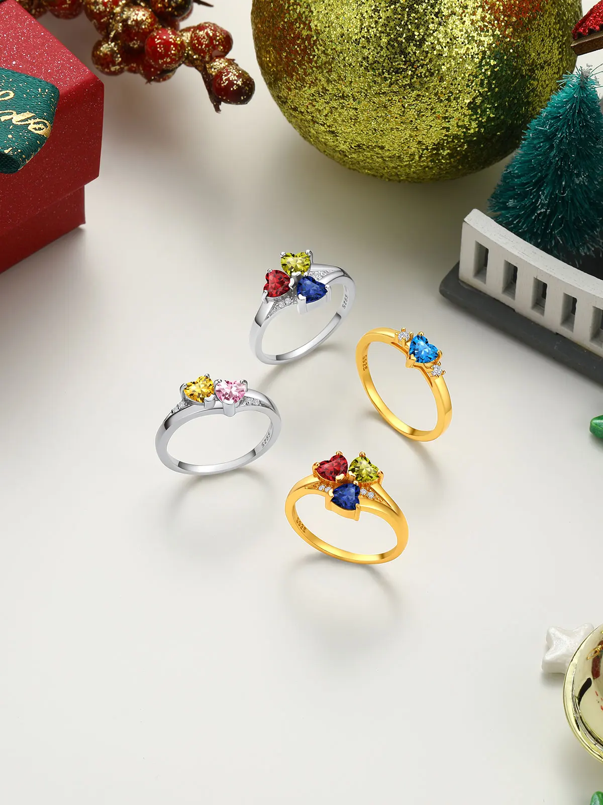 U7 925 Sterling Silver Custom 1-4pcs Heart Birthstone Rings for Woman Size 5-11 Personalized Birthday Wedding Rings Jewelry Gift 4