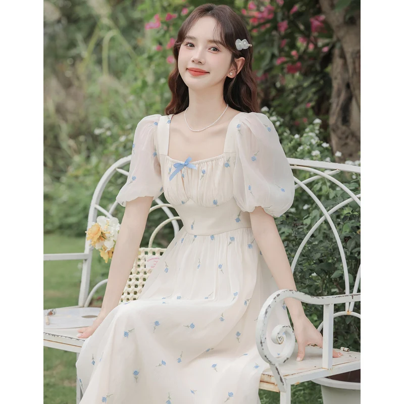 

2024 Summer New French Fashion Fragmented Flower Dress Women's Neckline Bubble Sleeves Fairy Style Long Dresses Female Clothing