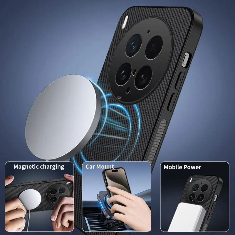 Luxury Leather TPU Kevlar Magnetic Back Cover with Wireless Charging Compatibility