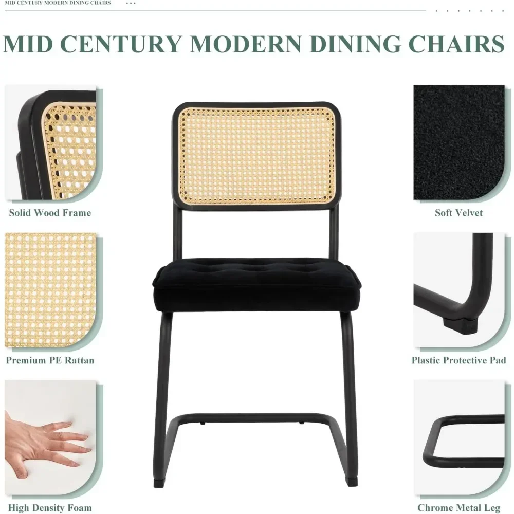 Mid Century Modern Dining Chairs Set of 4, Velvet Rattan Dining Room Kitchen Side Chairs with Upholstered Seat 6