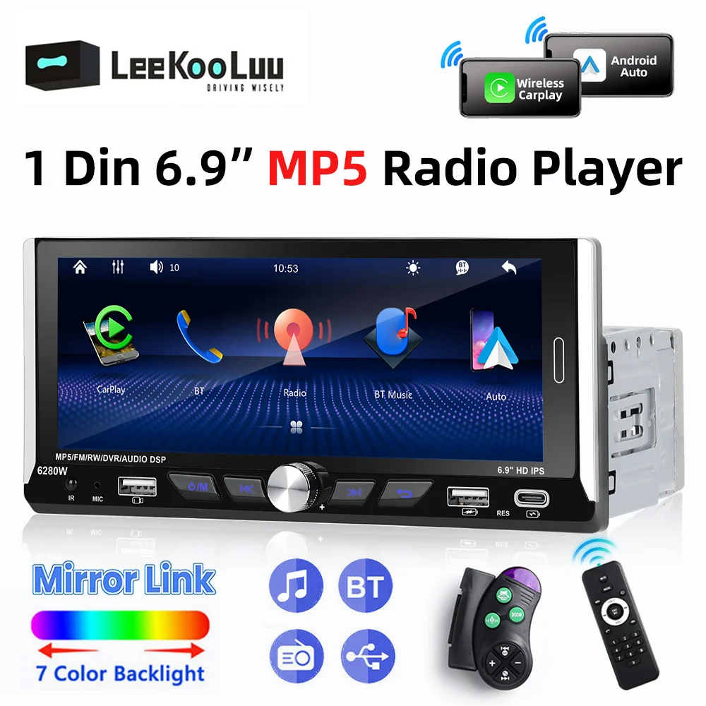 

LeeKooLuu 1 Din 6.9" HD 2.5D IPS Screen Universal Car MP5 Multimedia Player Bluetooth FM Radio Wireless carplay/Android Auto