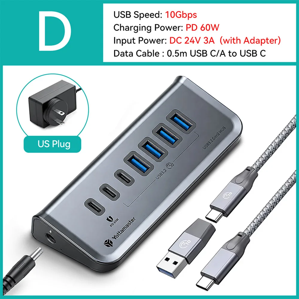 Yottamaster High-Speed 7-Port USB-C Hub with Power Supply