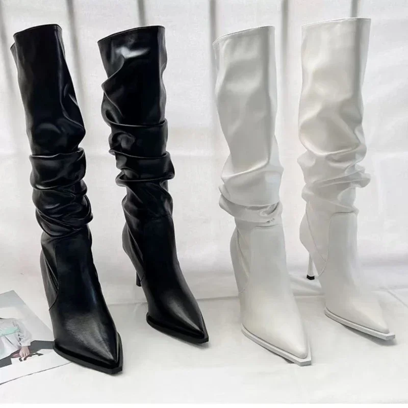 Women's Shoes 2023 High Quality Slip-on Women's Boots Fashion Pleated Office and Career Sexy Pointed Toe Knee-High Boots Zapatos