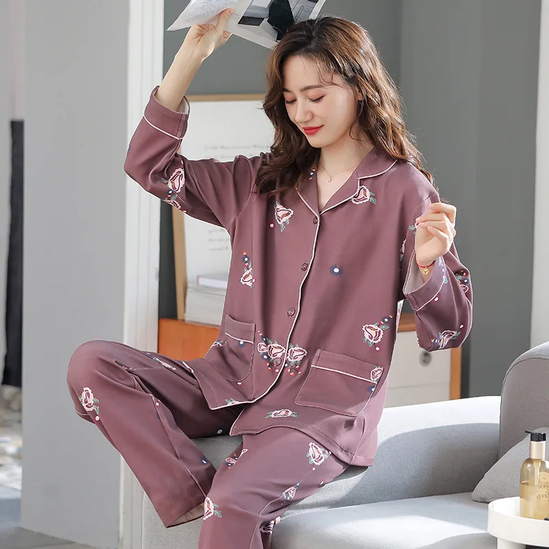 Floral Women Pajamas Set Combed Cotton Pyjama Lapel Pijama Female Button Loungewear Homewear Sleepwear LongSleeve Top Pants Suit
