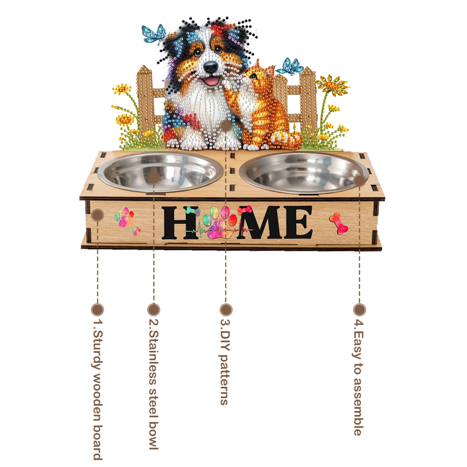 5D DIY Diamond Painting Water Feeder Diamond Painting Pet Feeder Making Kit Rhinestones Stainless Steel Pet Bowl for Cats Dogs