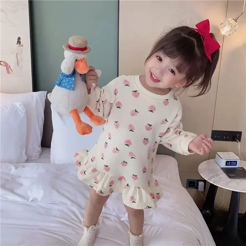 Girls Dress Autumn Spring New Girls' Splicing Pleated Dress Polka Dot Printed Baby Kids Casual Clothing