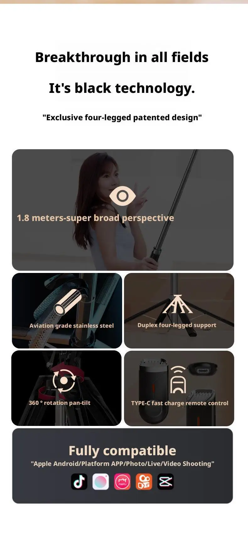 1.8m Tripod And Selfie Stick Wireless Remote & Extendable Phone Mount Compatible With IPhone/Android_voghion.com