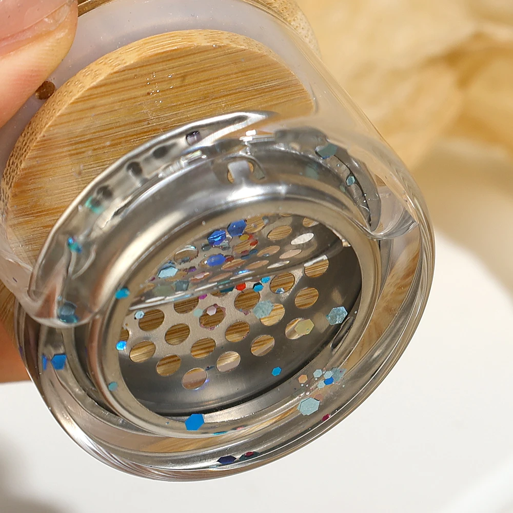 4/1Pc Nail Glitter Wash Pen Cup with Wooden Lid Glass Crystal Cup Stainless Steel Mesh Filter Sequin Phototherapy Brush Tool