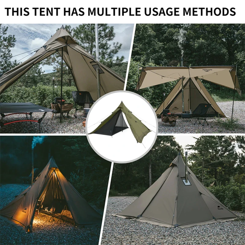Naturehike Ranch Fire Teepee Hot Tent 4 Season With Chimney Hole for 4 People 210T Rainproof Camping Outdoor Travel Pyramid Tent