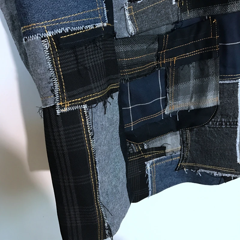 Autumn Men's Denim Plaid Raw Edge Stitching Blazers Patchwork Design Cool Motorcycle Creativity Casual Button Coat 21Z1406