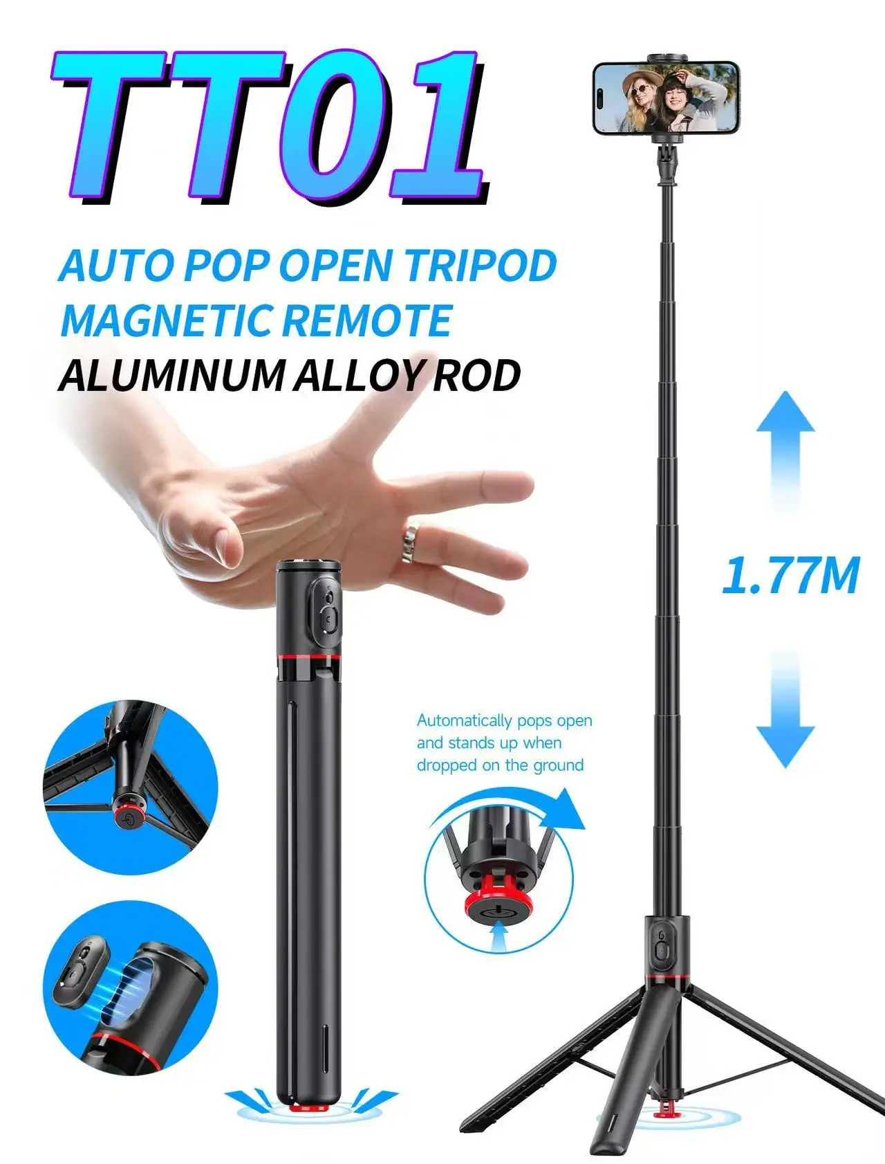 TT01 Hit Ground Quick Setup Selfie Stick Tripod 1.77m 34cm Storage with Remote C