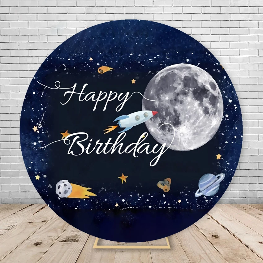 우주 별이 빛나는 하늘 우주 비행사 원형 배경 커버, 어린이 생일 파티 다크 블루, 우주 배경 커버, 탄성