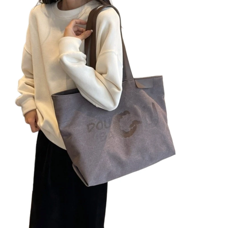 Durable Shoulder Bag for Women Canvas Tote Shopper Large Capacity Casual Handbag with Letter Pattern