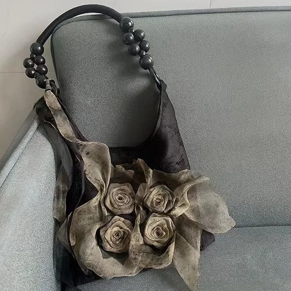 Chinese Style Rose Decor Shoulder Bags Fashion Commuter Tote Bags Classic Pleated Handbags High Quality Women Underarm Bags