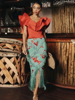 Vintage Printed Tassel Skirt Set Ruffle V Neck Sleeveless Backless Top Skirts Summer Women's Suit New Evening Elegant Outfit 1