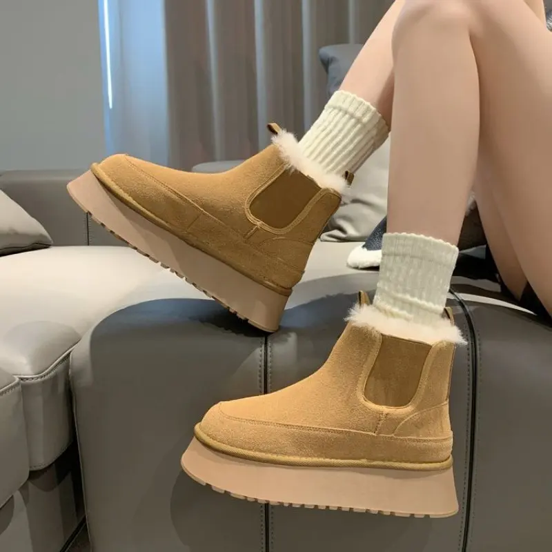 NEW Winter Women's Boots Plus Velvet Warm Casual Shoes One Step Suede Leather Trendy Women's Ankle Boots Chelsea Women's Boots