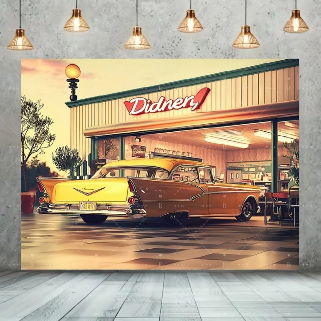 Retro-Restaurant-Themenhintergrund im Stil der 50er Jahre, Rock'n'Roll-Party-Dekorationen, Kulisse mit Auto- und Musikelementen, Fotografie-Requisiten, Banner – Detail 2