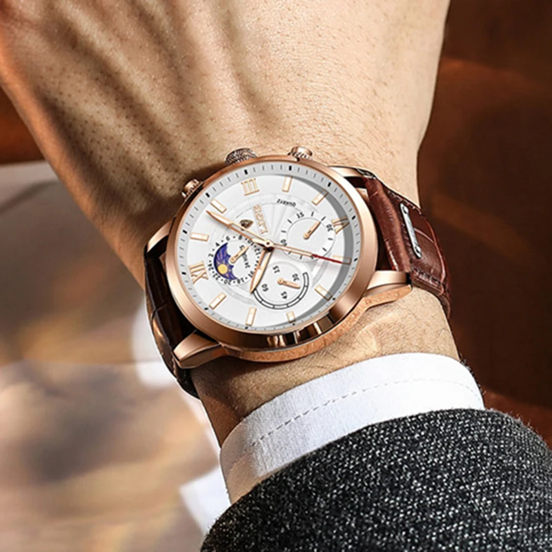 LIGE Fashion 24 hour Moon Phase Watch Men Outdoor Sport Waterproof Watch For Men Luxury Military Leather Men Quartz Wristwatches