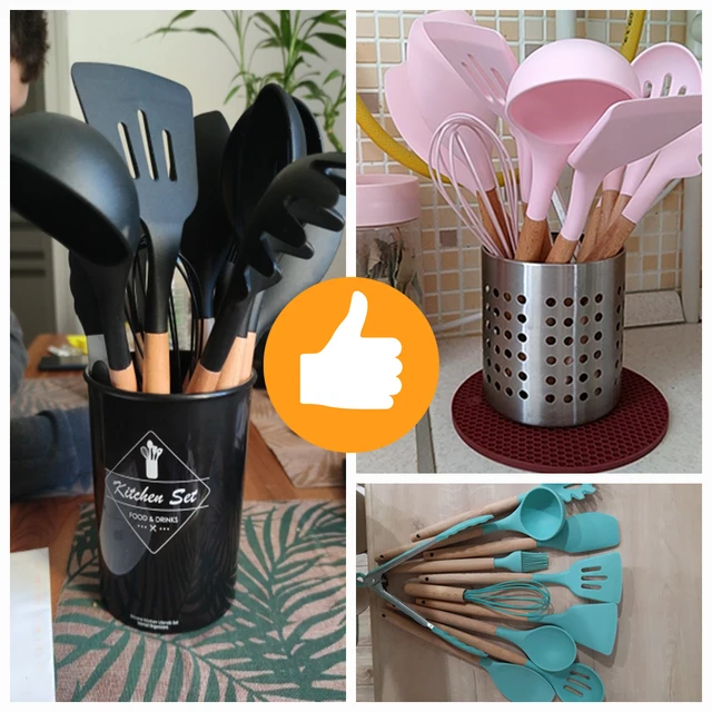 Ensemble d'ustensiles de cuisine en silicone avec support, outils de degré  de chaleur, tourneur de cuisson, antiadhésif, sans BPA, accessoires de  cuisson, nouveau - AliExpress