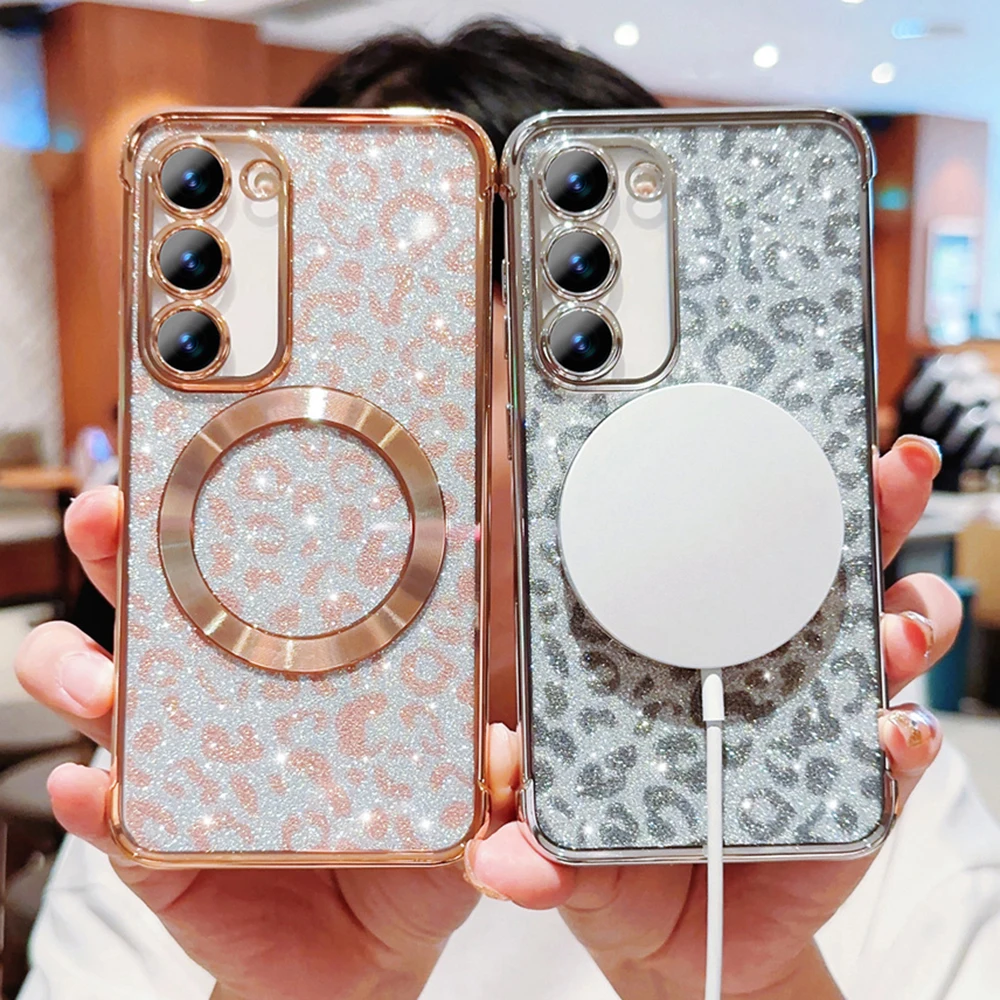 Magnetic Plating Clear Phone Case For Samsung Galaxy S23 S22 Ultra Plus S21 S20 FE Glitter Leopard Pattern Soft Cover_voghion.com