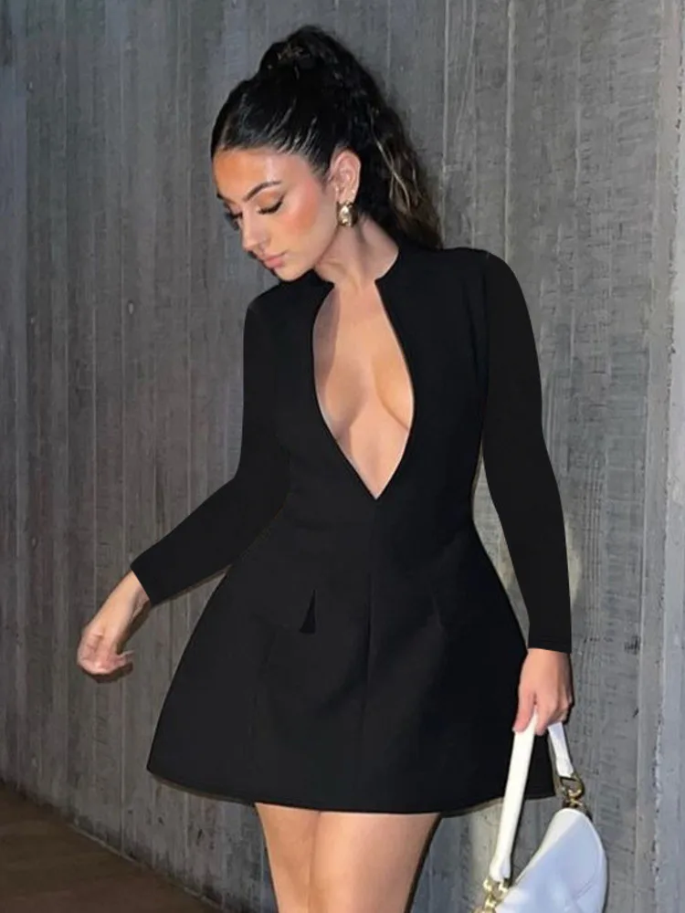 Mozision Autumn Long Sleeve Sexy Mini Dress For Women Solid Zipper Deep V  Neck Two Pocket High Waist A-line Dress Femme Clothes - AliExpress 200000345