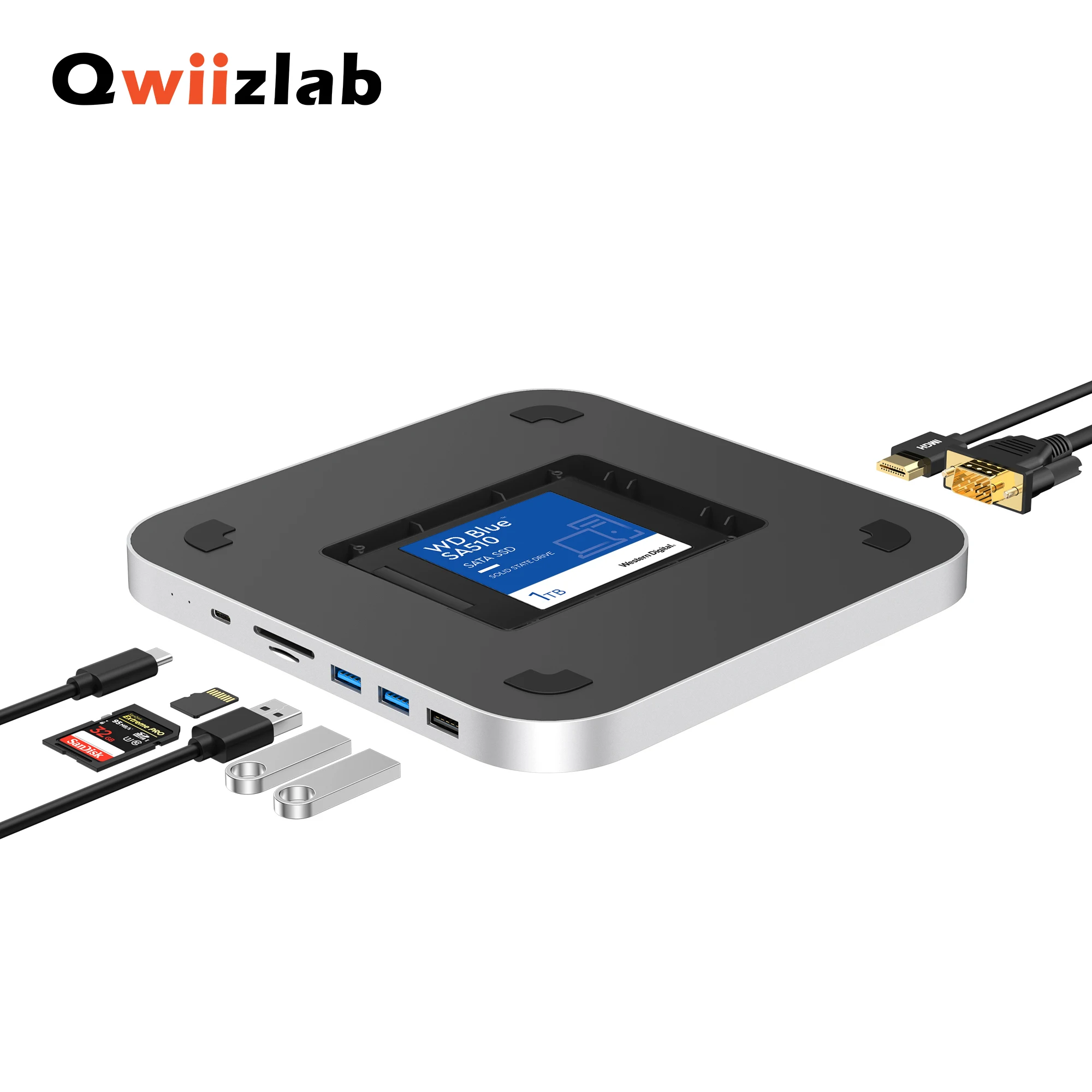 Концентратор Qwiizlab USB C для Mac Mini с 3,5-дюймовым корпусом SATA SSD Type-C 10 Гбит/с кардридер SD TF Стыковочная станция HDMI VGA