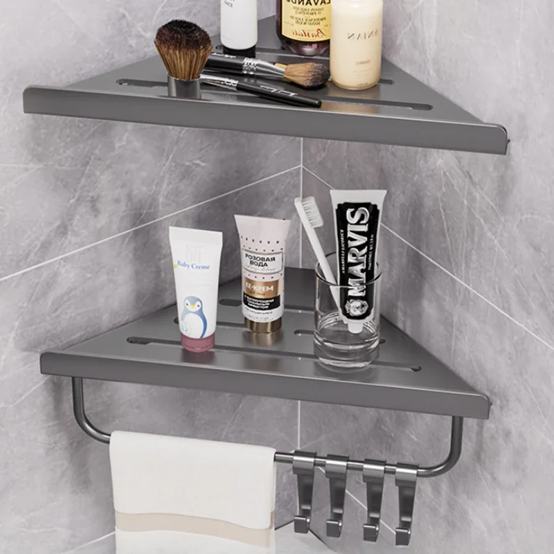 Bathroom Storage Shelf Bathroom Triangle Drain Shelf No Drilling Wall Mounted Cosmetic and Toiletries Hollow Carbon Steel Shelf with Hooks