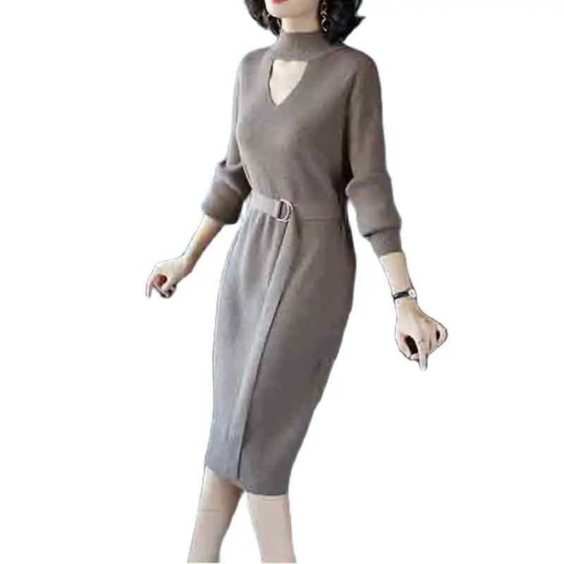 

2022 Autumn And Winter New Women's Sweater Dress Fashion Slim Over The knee Tie mid-length Long-sleeved Knitted Pullover Dress