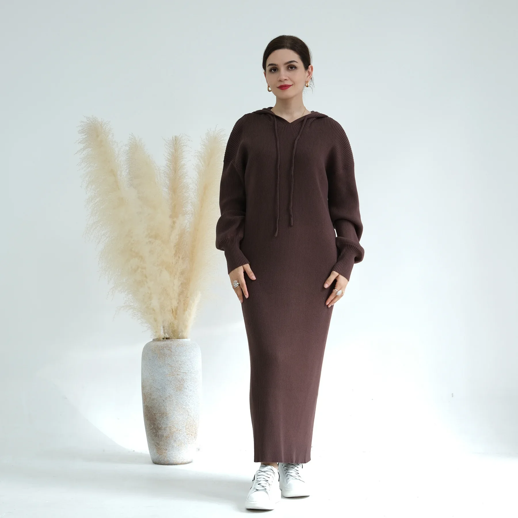 Hooded Sweater Muslim Dress Winter Knitted Abaya for Women Long Sleeve Robe Dubai Turkey Autumn Dresses Islamic Clothing Kaftan