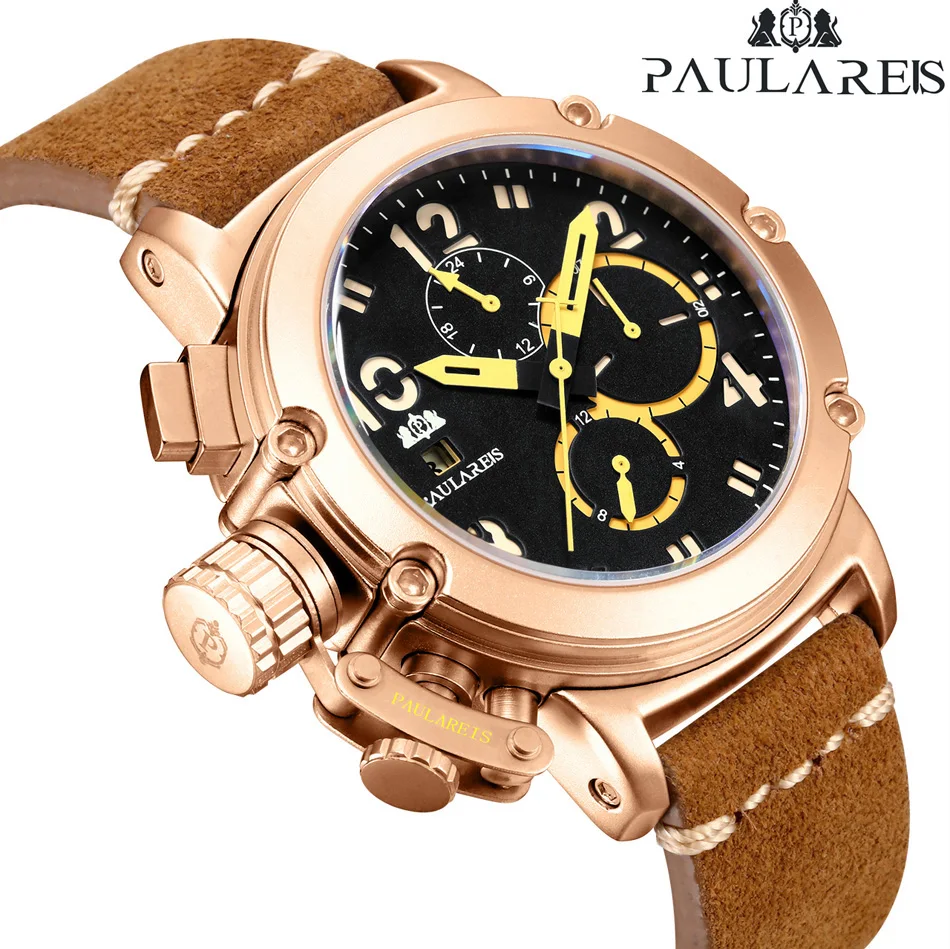 Uomo Automatico Self Wind Meccanico In Vera Pelle Marrone Multifunzione Data Boat Mese Luminoso Limitato Oro Rosa Bronzo U Watch