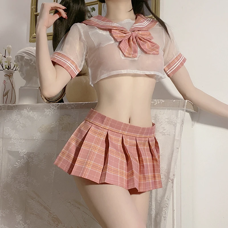 Sexy School Girl Role Play Erotic Costume See through Sleepwear Women's Underwear Sailor Student Cute Miniskirt Sex Clothing Set