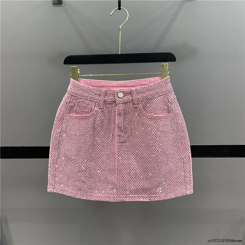 

Diamond Jean Mini Skirt Women 2023 Summer New Woman Pink Denim Short Pantskirt High Waisted Slimming Hip-Wrapped Skirts