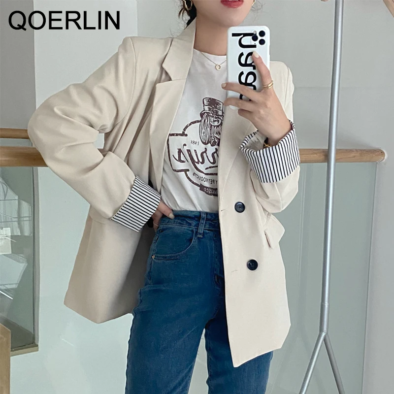 QOERLIN High Quality Oversize Blazer Women Spring Summer Double-Breasted Black Jacket Coat Full Sleeve Apricot Suit Coat Office