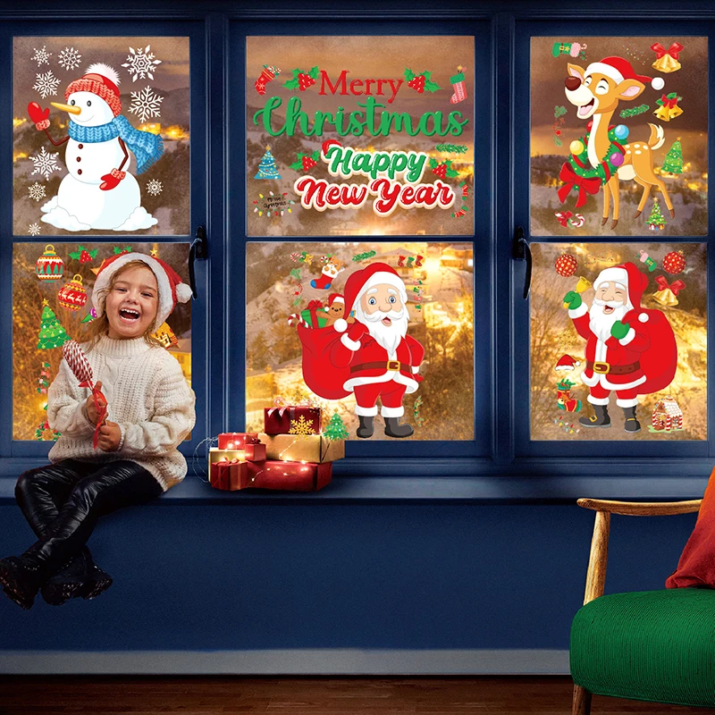 6pcs Christmas Decorative Glass Window Stickers Santa Claus Snowman Elk Scene Layout Electrostatic Wall Sticker Xmas Ornaments
