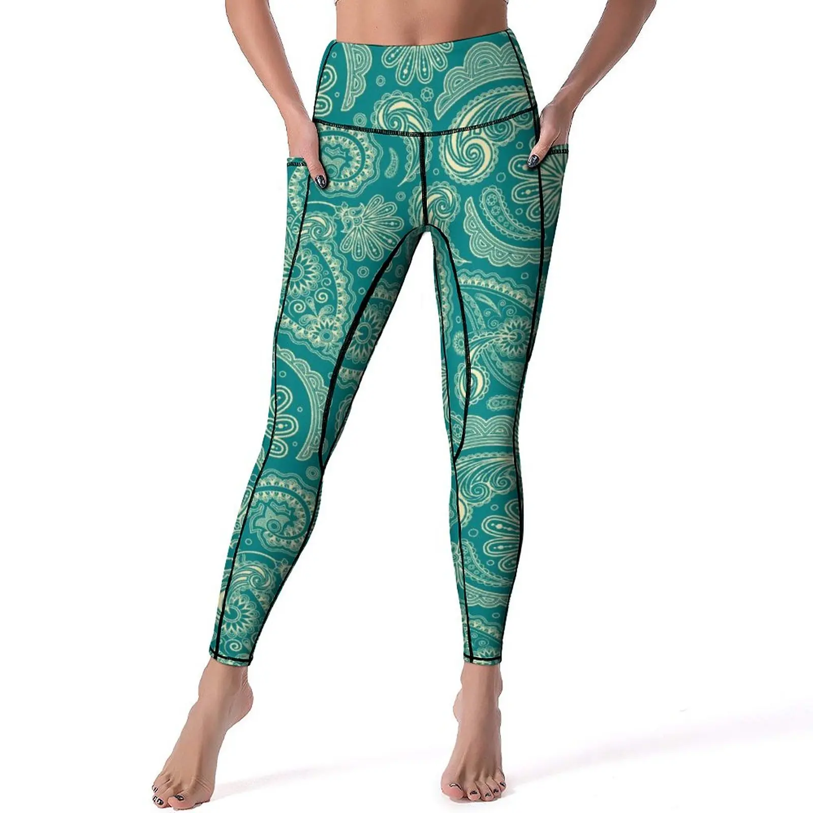 

Blue Green Paisley Leggings Sexy Retro Floral Print Fitness Yoga Pants Push Up Stretchy Sports Tights Breathable Pattern Leggins