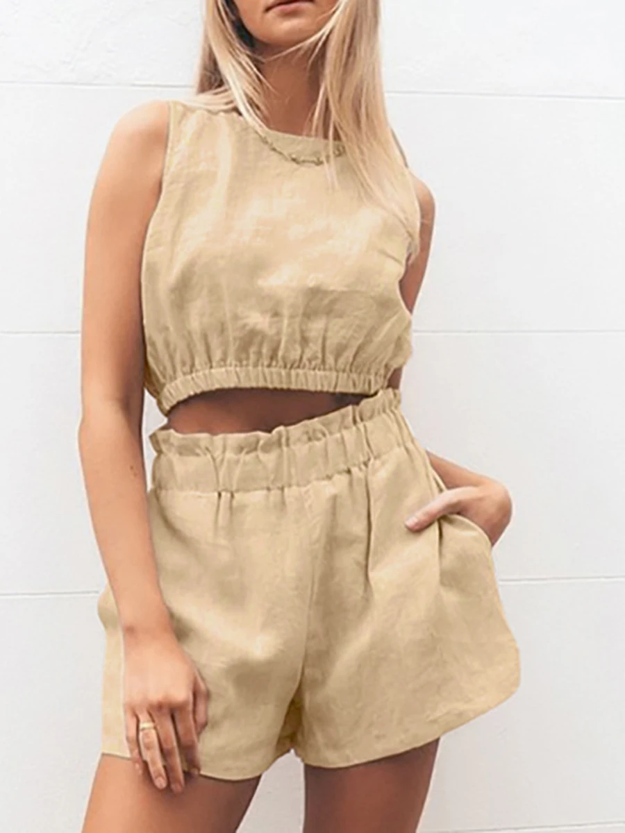 

Однотонный комплект из 2 предметов, Женская домашняя одежда, эластичный укороченный топ без рукавов и шорты, Пижамный наряд, удобная повседневная женская одежда для сна