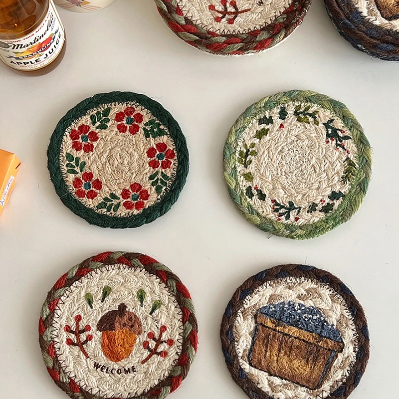 Cutelife Woven Coaster Vintage Handmade Idyllic Linen Kitchen
