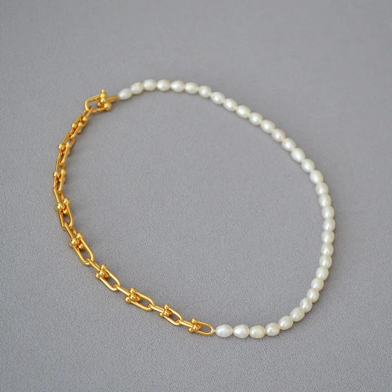 Cool Gradient U-shaped Choker INS Trendy Buckle Chain Freshwater Pearl Gold-plated Brass Necklace