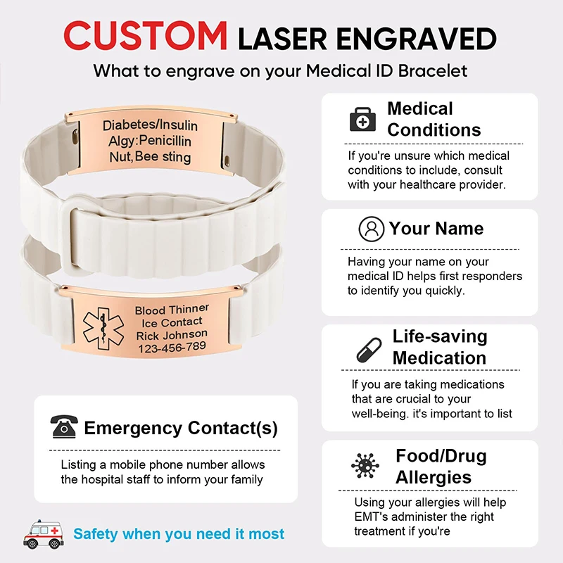 Love Jewelry Personalized Medical Alert Bracelet - 9 Inch Silicone Sport ID Bracelet For Men & Women